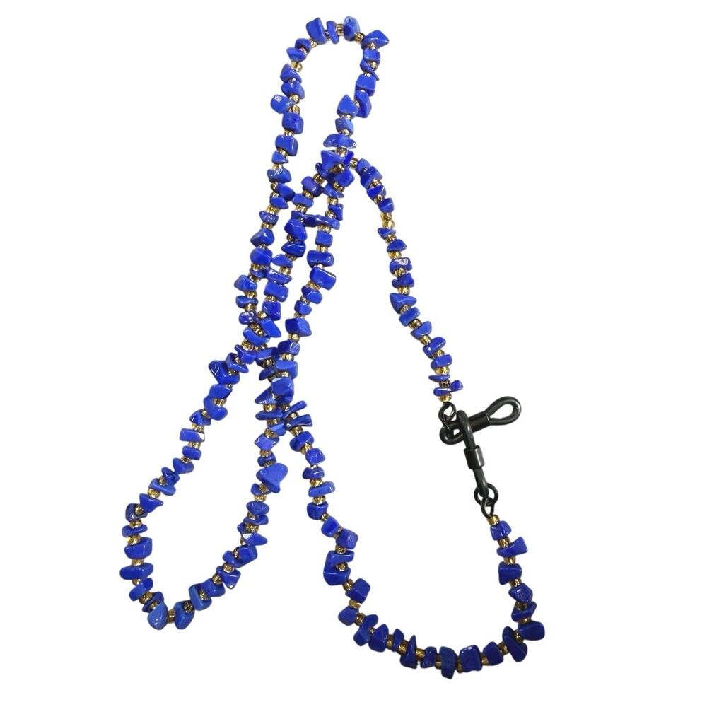 Eyeglass lanyard Blue chip beads with gold beads 26" long